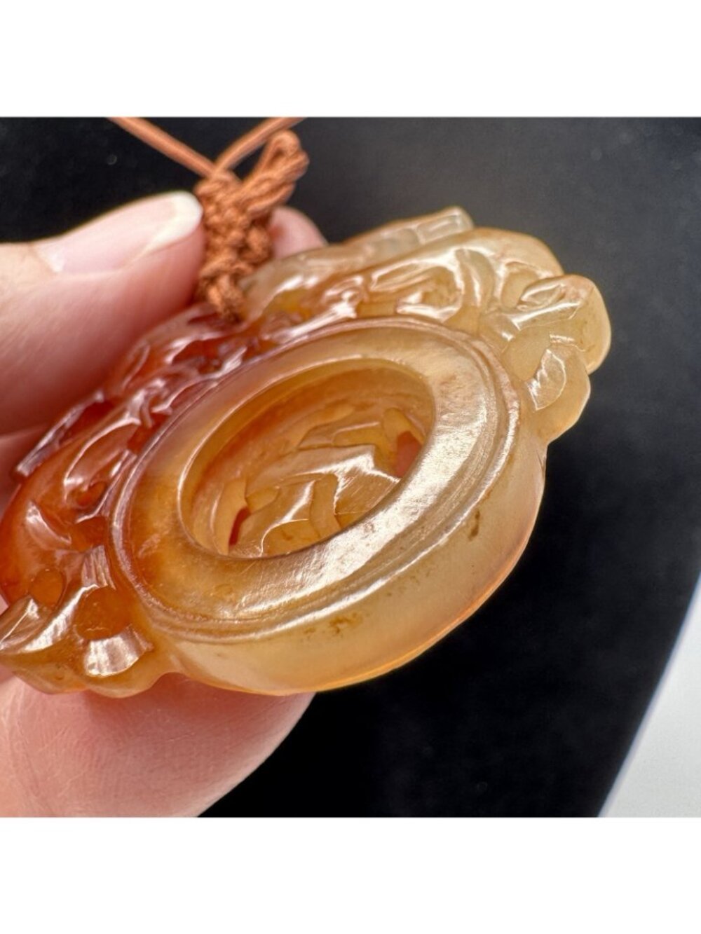 Chinese Pixiu Beast Pendant Carved Agate Spinning "Wan" Symbol Estate 42mm 1970s - Picture 12 of 16